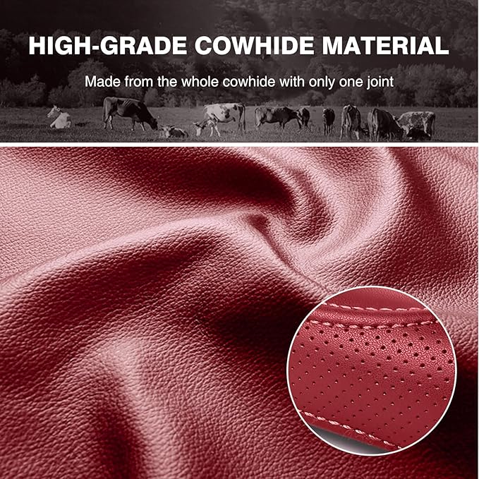 High-Grade Wine Red Genuine Leather Steering Wheel Cover for Men Women，Real Cowhide Leather Steering Wheel Cover for Cars,Universal 14.5-15 inch Steering Wheels