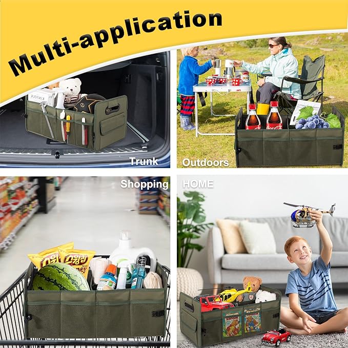 JiatuA Car Trunk Organizer, Car Organizers and Storage Collapsible Multi Compartment Container Box, Adjustable Car Accessories for SUV Sedan Truck, Standard Size, Green