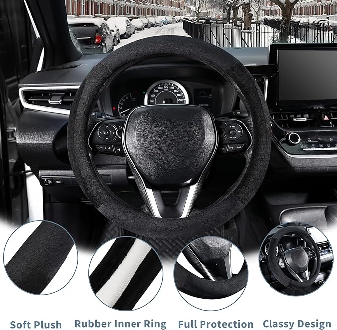 SEG Direct Steering Wheel Cover for Car, Standard Size 14.5-15 inch, Auto Interior Accessories, Plush Warm Velvet, Summer Winter, Black