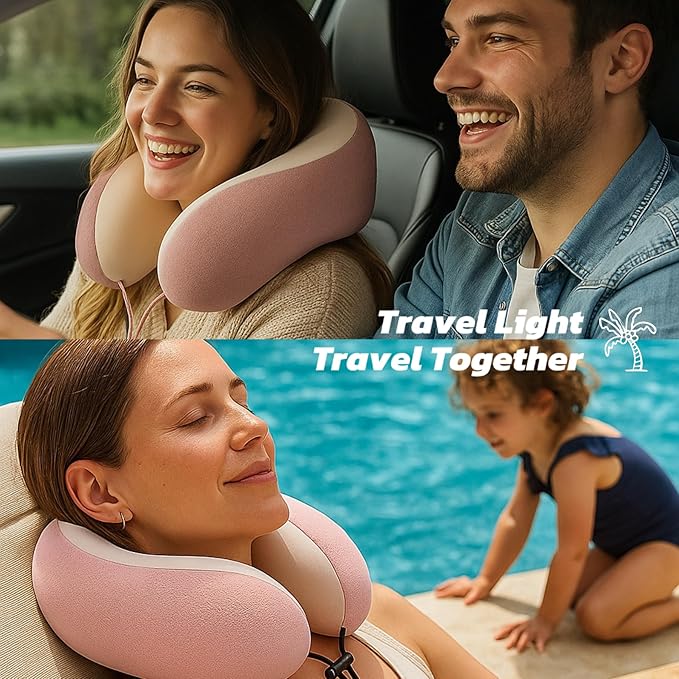 Travel Pillow for Airplane with Cooling Ice Silk & Waffle Cover, Soft Memory Foam U-Shaped Neck Support, Washable & Travel-Friendly for Car, Office & Camping(Pink)