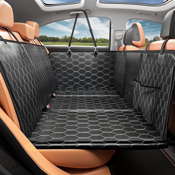 Dog Back Seat Cover Hard Bottom - Holds 400lbs - Waterproof Dog Hammock for Car - 40% Extra Space - Car, SUV & Truck Universal Size - Pet Seat Cover for Back Seat - Seat & Door Protector
