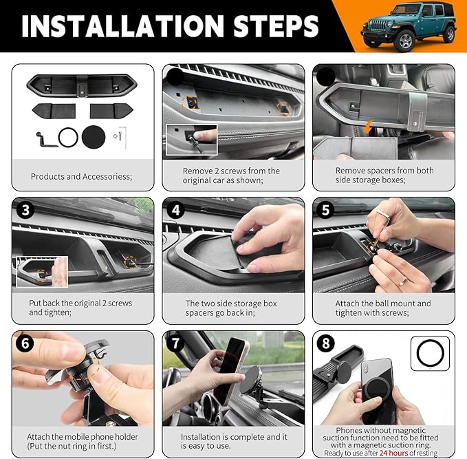 Dashboard Phone Holder Compatible with 2018-2023 Jeep Wrangler JL JLU&Gladiator JT Center Console Organizer Dashboard Phone Multi-Mount Kit for Wrangler 4X4 Accessories(JL/JT 4X4 2018-2023)