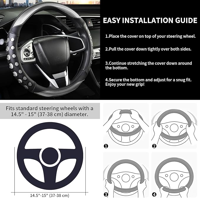 PU Leather Car Steering Wheel Cover with Anti-Slip Grip, for Women and Men, Universal Fit for 14.5-15 Inch Cars, Trucks, SUVs (Gray (Round), Medium(Standard) Size[14 1/2''-15''])