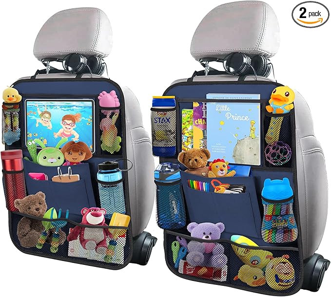 Car Backseat Organizer with 11" Table Holder, 10 Storage Pockets Seat Back Protectors Kick Mats for Kids Toddlers, Travel Accessories, 2 Pack, Blue