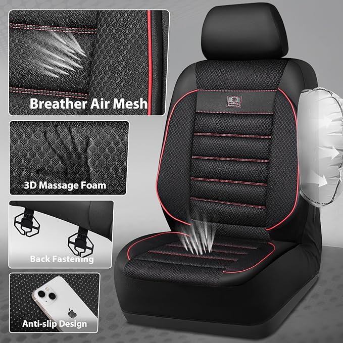 CAR PASS 3D Foam Leather Car Seat Covers Two Front Seats only, Air Mesh Thick Seat Covers, All Weather Car Seat Cover Comfort & Protection for Truck,SUV,Sedan,Van, Airbag Compatible Red