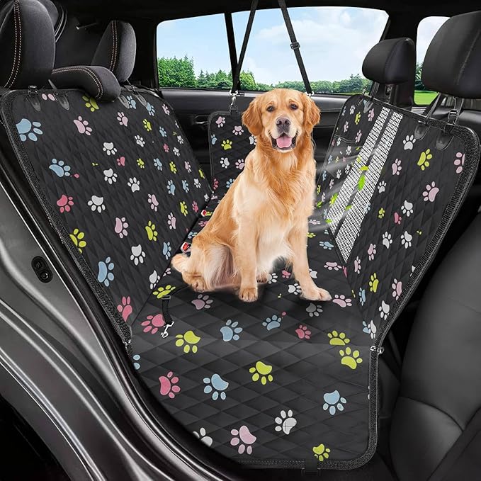 Dog Car Seat Cover, 600D Heavy Durable Dogs Seat Cover for Back Seat, 100% Waterproof Scratch Proof Nonslip Dog Hammock for Car with Side Flap, Pet Seat Covers with SeatBelt for Cars Sedan SUV Trucks
