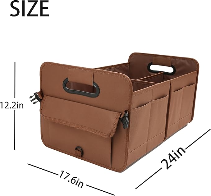 Car Trunk Organizer, Brown, Foldable, Non-slip, Adjustable, Multiple Compartments, 600D Oxford Cloth Material