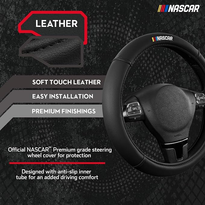 NASCAR Steering Wheel Cover, Two-Tone Black Leather Patchwork, Universal Fit 14.5"-15.5" Steering Covers for Cars, Anti-Slip, Soft Grip, Odor-Free, Trucks & SUVs, Racing Style Interior Upgrade