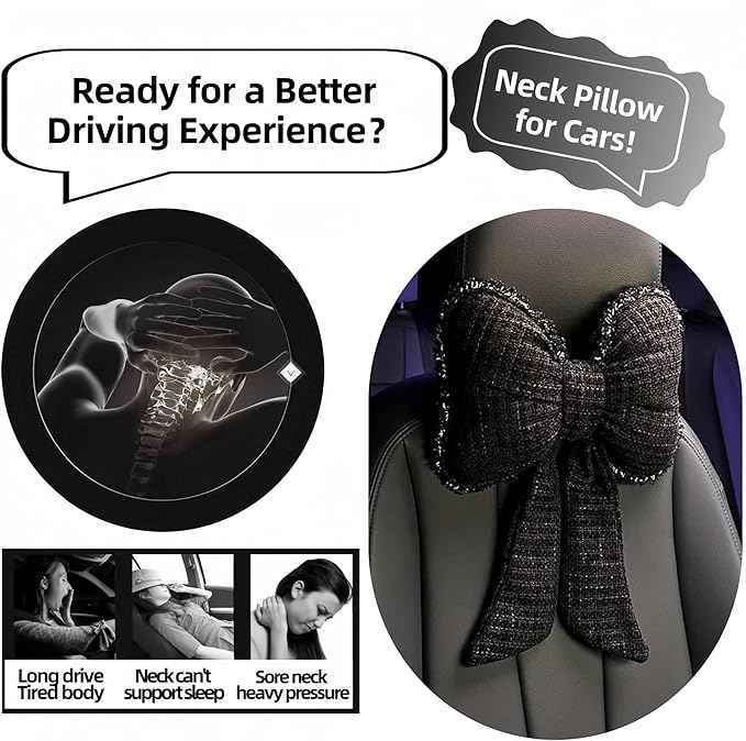 2-Pack Cute Bow Car Headrest Pillow Unique French-Inspired Bouclé Fabric Neck Support Cushion for Women Fits Most Cars (Black)