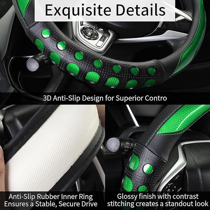 PU Leather Car Steering Wheel Cover with Anti-Slip Grip, for Women and Men, Universal Fit for 14.5-15 Inch Cars, Trucks, SUVs (Green (Round), Medium(Standard) Size[14 1/2''-15''])