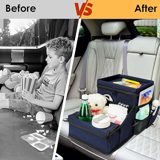 Car Seat Organizer, Backseat Car Organizer with Cup Holder Tray and Storages for Kids and Adults, Portable Travel Cooler for Car for Front or Back Seat Passenger Organizer Ccompartment (Navy Blue)