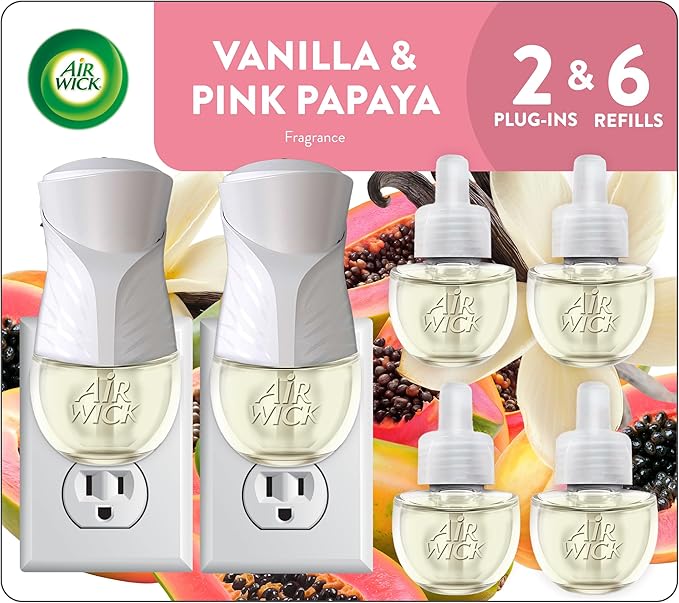 Air Wick Plug In Scented Oil Starter Kit, 2 Warmers + 6 Refills, Vanilla & Pink Papaya, Essential Oils, Air Freshener