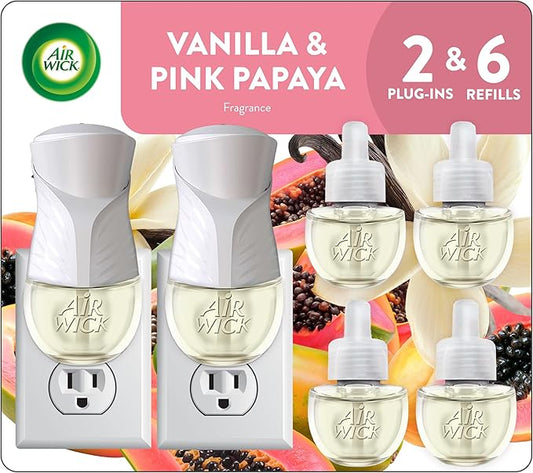 Air Wick Plug In Scented Oil Starter Kit, 2 Warmers + 6 Refills, Vanilla & Pink Papaya, Essential Oils, Air Freshener