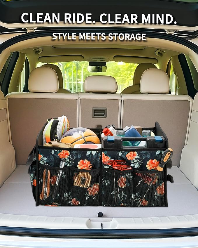 Sturdy Car Trunk Organizer – Large Capacity Trunk Organizer for SUVs & Sedans, Hard-Shell One-Piece Design with Cute Print, Collapsible and Durable Car Organizers (Flower 70L)