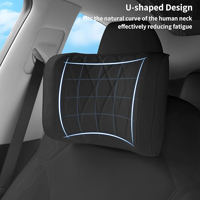 Car Headrest Leather Memory Foam Neck Pillow for Driving with Leather Soft Comfortable Seat Head Pillow Cushion / Car Neck Pillow SUV Sedan Relieving Neck Stiffness Seat Neck Support Pillow Black 2PC