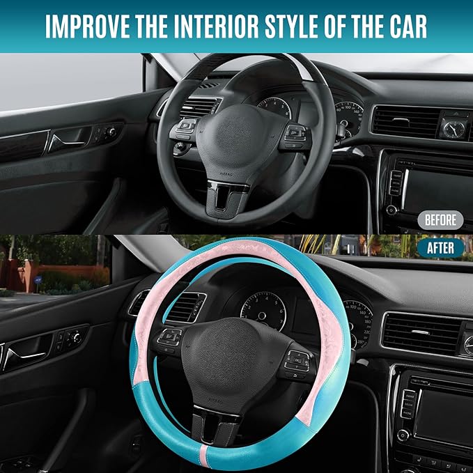 PIC AUTO Steering Wheel Cover, Pink Patterned & Blue Leather Patchwork Design, Universal Fit 14.5"–15.5", Anti-Slip, Odor-Free, Soft PU Grain Leather, Durable Grip Car Accessory for Girls & Women