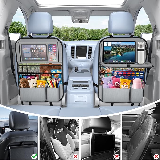 2PACK-Car Backseat Organizer with Touch Screen Tablet Holder,9 Storage Pockets Storage Organizer with Foldable Food Tray, Protector Kick Mats for Kids, Travel Accessories Organizer (Grey)
