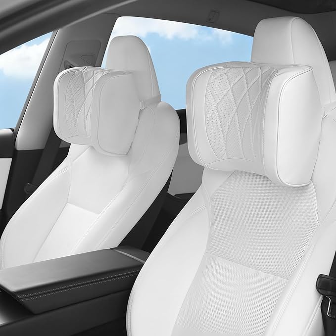 Car Headrest Pillow U-Shaped, Memory Foam Head Neck Support Cushion for Driving, Leather Head Rest Travel Pillows for Sleeping, Breathable Removable Cover, White, 2 Pack