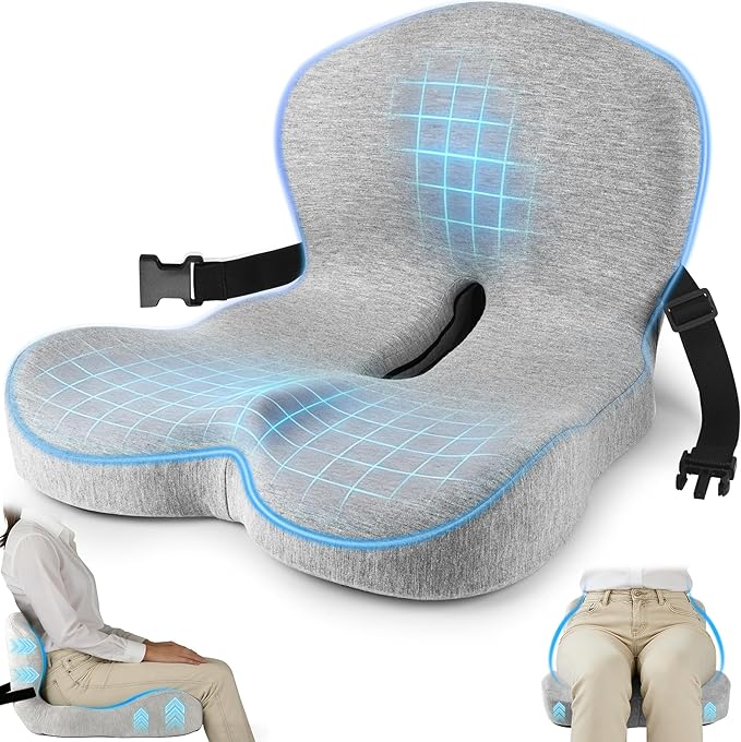 MYFAMIREA Truck Seat Cushion, Memory Foam Trucker Seat Cushion for Truck Driver Long Sitting with Adjustable Strap, Back Support and Pain Relief for Trucker Driving Office Chair and Pain, Light Gray