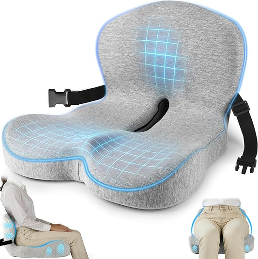 MYFAMIREA Truck Seat Cushion, Memory Foam Trucker Seat Cushion for Truck Driver Long Sitting with Adjustable Strap, Back Support and Pain Relief for Trucker Driving Office Chair and Pain, Light Gray