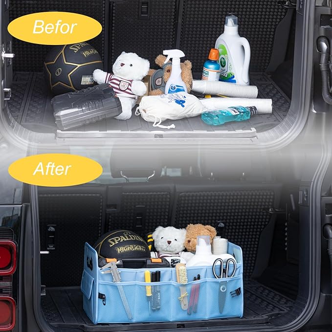 JiatuA Car Trunk Organizers and Storage Collapsible Multi Compartment Container Box, Adjustable Car Accessories for SUV Sedan Truck, Large Size, Light Blue