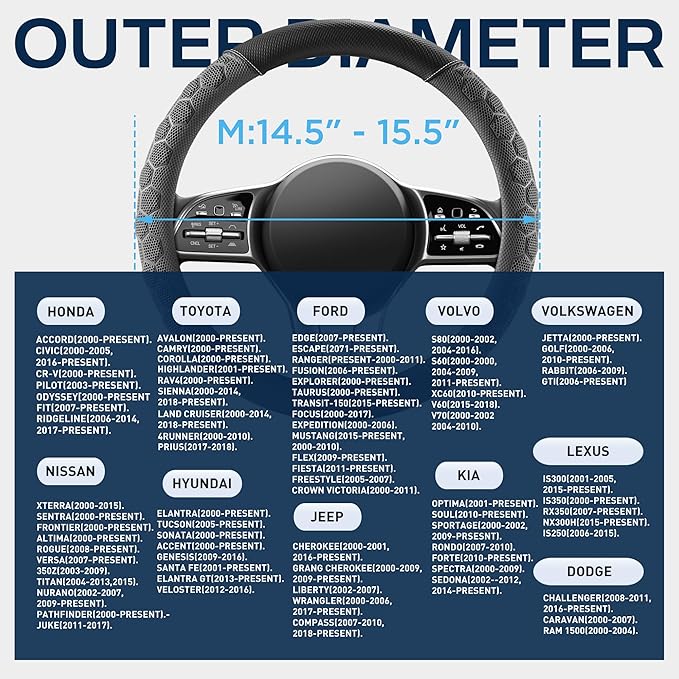 PIC AUTO Massage Steering Wheel Cover, Gray Football Pattern Material Spliced Leather Car Steering Wheel Protector, Car Interior Accessories, Universal Fit 14.5"-15.5" for Cars, Trucks, Van, SUV