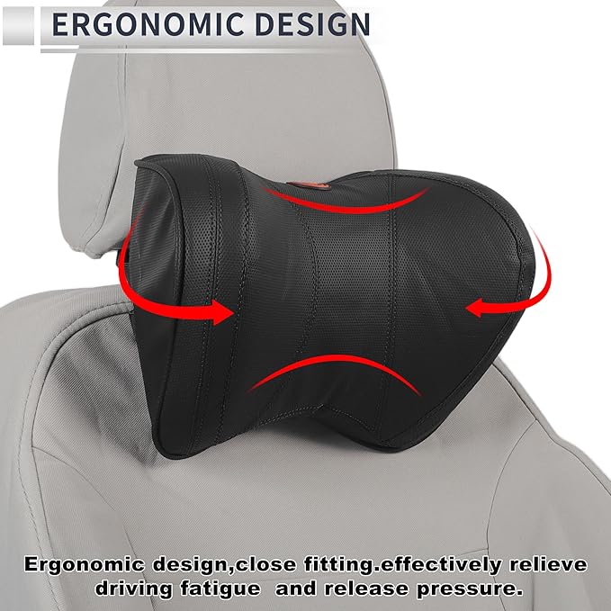 Car Headrest Pillow Ergonomic Comfortable Neck Support Pillow Nappa Leather and Memory Foam Adjustable Width Black 1 Pc for Driving Travel
