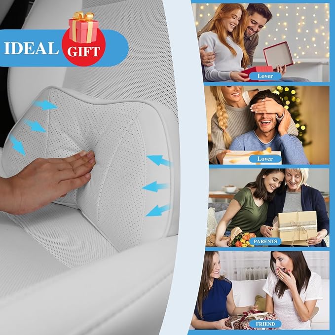 Lumbar Support Pillow for Car, Premium Leather Memory Foam Lumbar Cushion for Lower Back Pain Relief, Universal Back Support for Driving, Home & Office Chairs, White, 1 Pack