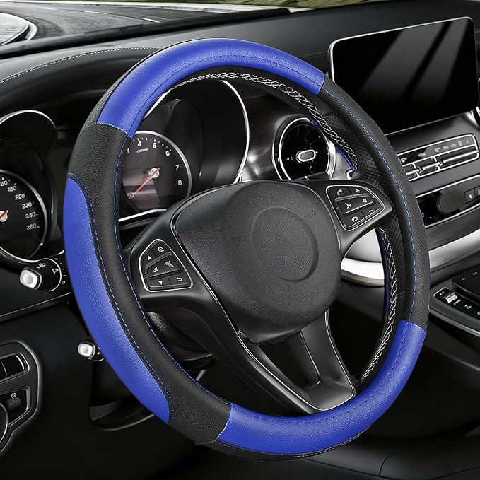 SEG Direct Car Steering Wheel Cover Universal Standard Size 14.5-15 inch, Black and Blue Microfiber Leather