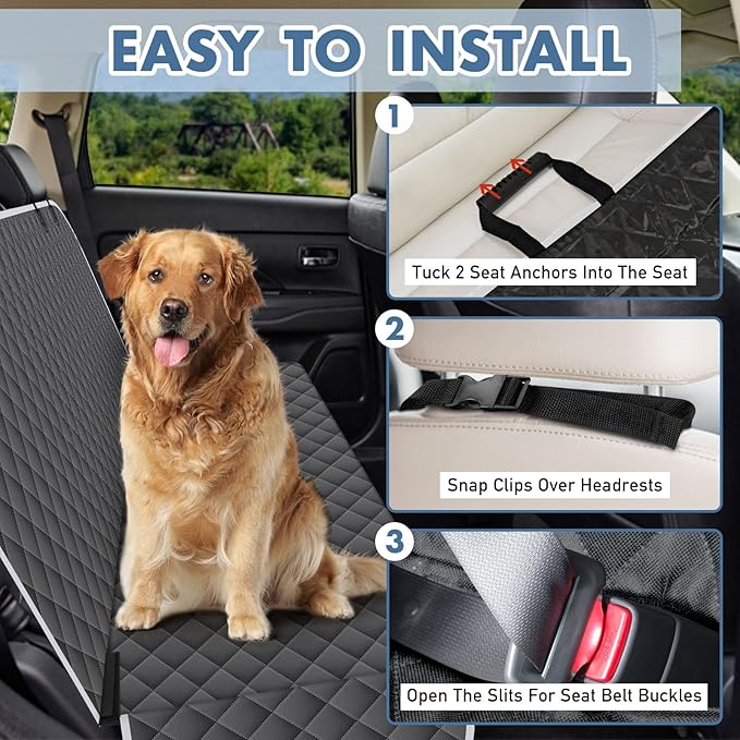 Backseat Cover for Dogs, Waterproof and Non-Slip Pet Bench Seat Covers, Car Seat Protector for Back Seat, Universal Size Rear Car Seat Cover Fits Cars, Trucks and SUVs, L-Charcoal Grey&Grey
