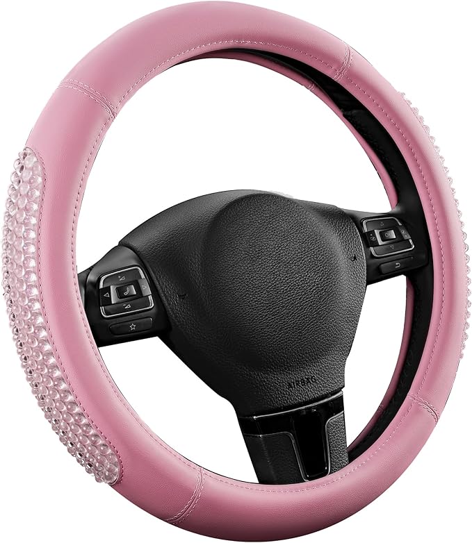 PIC AUTO Steering Wheel Cover, Glitter Gel Particles & Pink Luxury Leather Car Steering Cover, Universal Fit 14.5"-15.5" Anti-Slip Car Wheels Cover for Girls & Women