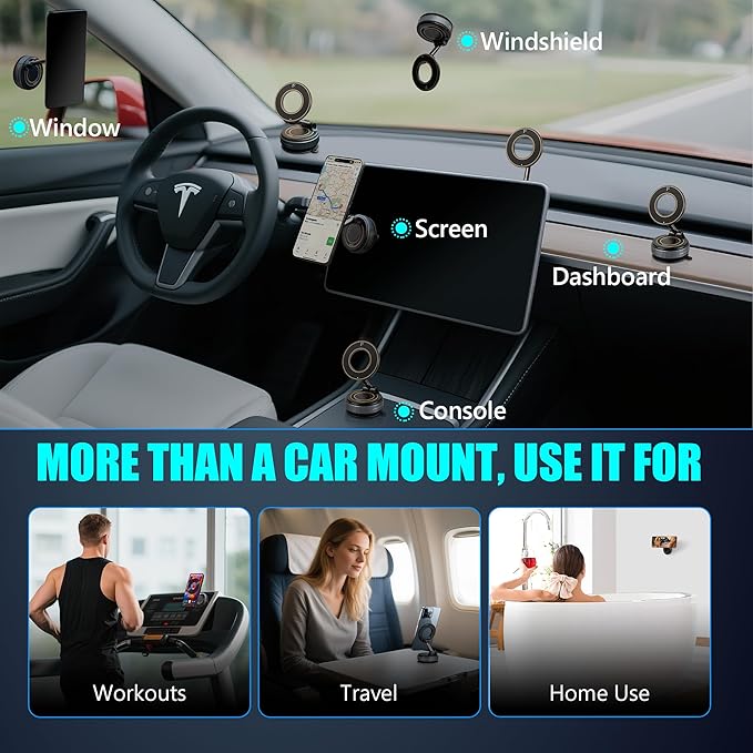 Ryvlan Carmount Vacuum Magnetic Phone Mount for Car– Magsafe Suction iPhone Stand, Content Creator Phone Holder & Car Mount, iPhone Holder for Dashboard & Windshield, Suction Cup Car Tripod