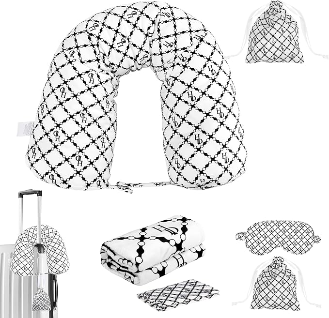Travel Pillow with Detachable Flannel Blanket & Eye Mask – Plush Velvet Neck Support Pillow for Airplane,Car,Office Rest,Coordinated Digital Print Set (Black Circular Grid, 60in * 79in)