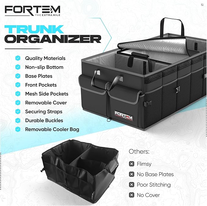 FORTEM Trunk Organizer with Cooler For SUV Car Trunk, Foldable Storage, Car Accessories for Women Men, Collapsible Bag, Perfect Christmas Gifts, 600D Oxford, Non Slip Bottom, Straps, Soft Cover (105L)