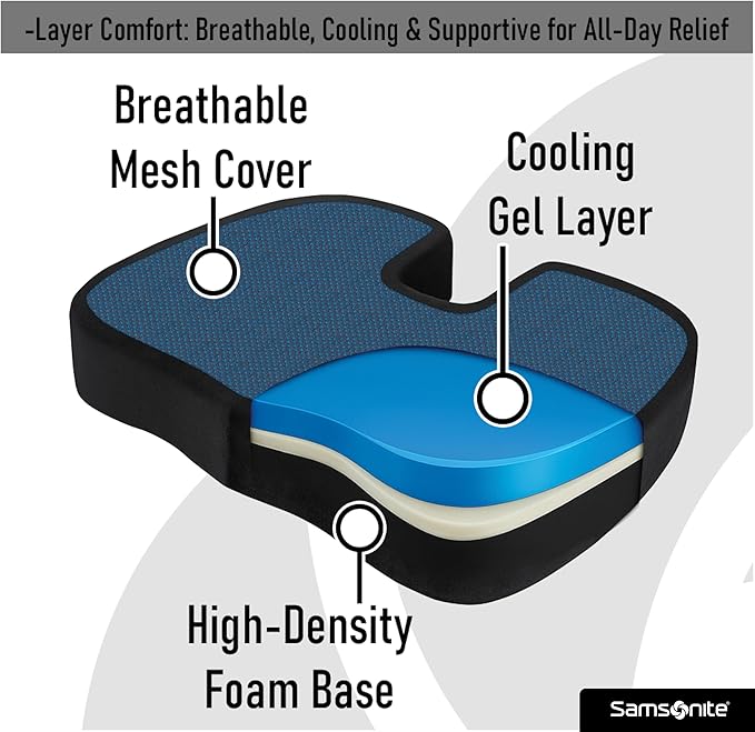 Samsonite Memory Foam Seat Cushion for Car & Office Chair – Tailbone Pain Relief, Cooling Pillow, Ergonomic Posture Corrector, Car Accessories & Home Office Essentials