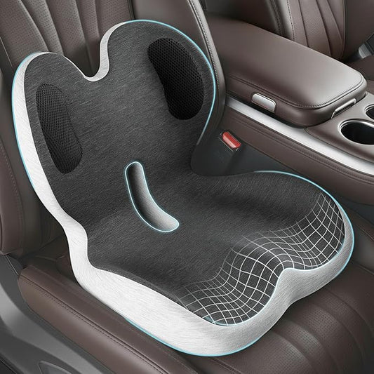 Trucker Seat Cushion, Car Seat Cushions with Lumbar Support Pillow, Ergonomic L-Shaped One Piece Memory Foam Pad for Long Driving Back Pain Sciatica Relief, Drivers Office Workers (Black+Light Gray)