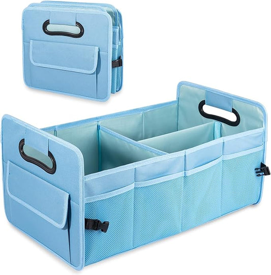 JiatuA Car Trunk Organizers and Storage Collapsible Multi Compartment Container Box, Adjustable Car Accessories for SUV Sedan Truck, Large Size, Light Blue