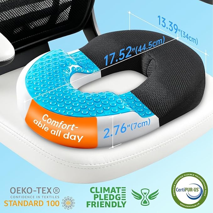 Niceeday Donut Pillow for Office Chair Seat Cushion for Car, Cooling Gel Memory Foam Cushion for Wheelchair Kitchen Chair Driving Desk Chair, Car Seat Cushion Chair Cushions for Sciatica Pain Relief