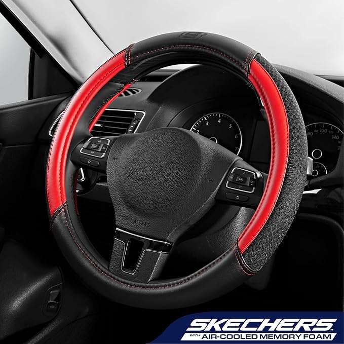 Skechers Air-Cooled Steering Wheel Cover, Leather Car Steering Wheel Cover Universal Fit 14" 1/2-15" Car Wheel Protector for Men Women Fit Suvs,Vans,Sedans,Car,Trucks,Red