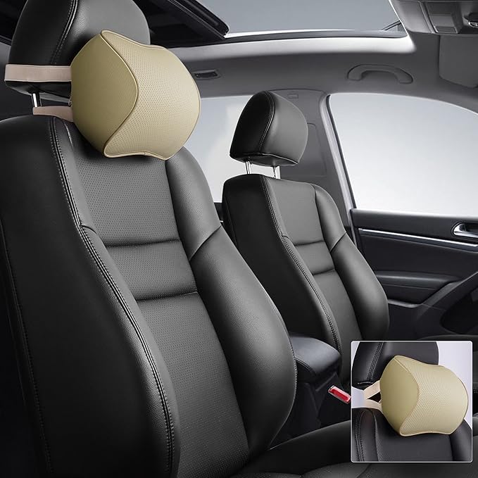 Aukee Car Neck Pillow Soft Memory Foam Leather Headrest for Driving Home Office Beige (Pack of 2)