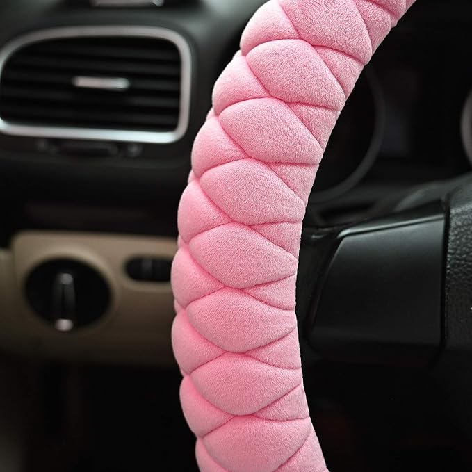 HAOKAY Luxury Fluffy Winter Steering Wheel Cover for Women Girls,Soft Warm Short Plush Steering Wheel Cover Pink Fuzzy with Universal 14.5-15 Inch