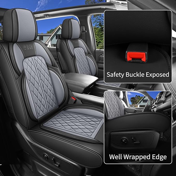 Car Seat Cover Custom Fit for Dodge Ram 1500 2500 3500 2002-2026 Faux Leather Seat Cover Set Compatible with Crew Quad Regular Cab Pickup Truck Cushions (Black & Grey, Front Seat)
