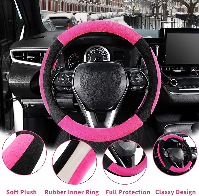 SEG Direct Steering Wheel Cover for Car, Standard Size 14.5-15 inch, Auto Interior Accessories, Plush Warm Velvet, Summer Winter, Pink