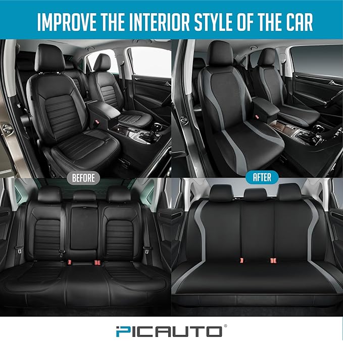 PIC AUTO Leather Car Seat Covers, Premium Automotive Waterproof Front & Rear Full Set Bucket Car Seat Protectors, Black and Gray PVC Patchwork, Fits for Cars, Trucks, Van, SUV, Airbag Compatible