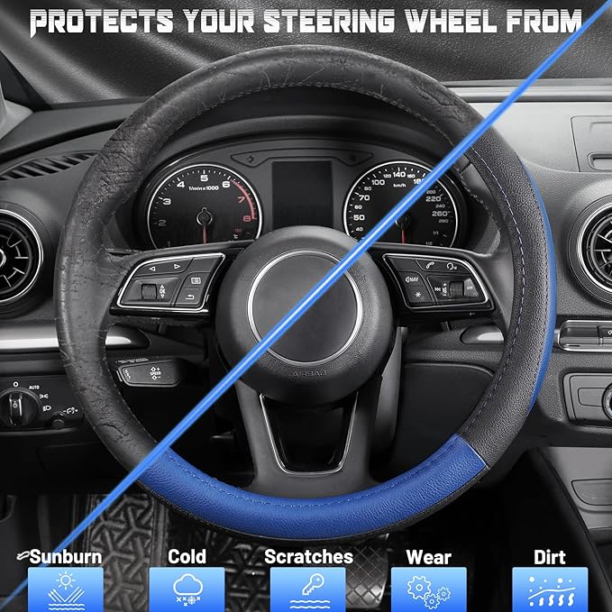 SEG Direct Car Steering Wheel Cover for Prius Civic Model 3 Model Y Camaro, Small Size 14-14.25 inch, Black and Blue Microfiber Leather