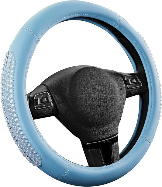 PIC AUTO Steering Wheel Cover, Glitter Gel Particles & Blue Luxury Leather Car Steering Cover, Universal Fit 14.5"-15.5" Anti-Slip Car Wheels Cover for Girls & Women