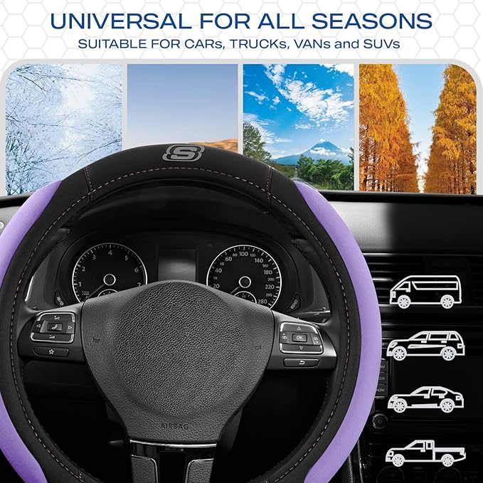 Skechers Steering Wheel Cover, Memory Foam Car Steering Wheel Cover,14.5-15inch Anti-Slip Safety Comfortable Desgin, Universal Accessory for Diverse Cars, Truck,SUV (Black & Purple)