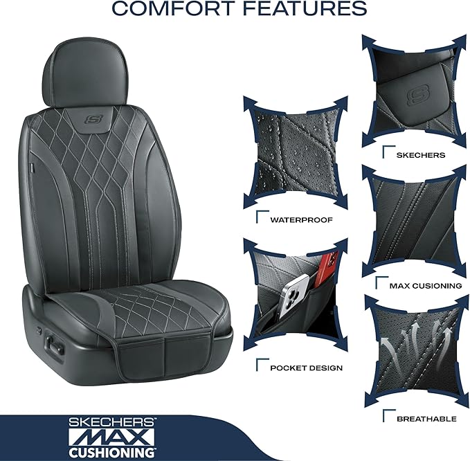 Skechers MAX Cushioning Car Seat Covers,Memory Foam Leather Car Seat Protectors, Airbag Safe Waterproof Sideless Front Seat Covers with Storage Pocket,Universal Fit for Cars Trucks SUV, Black 2PCS