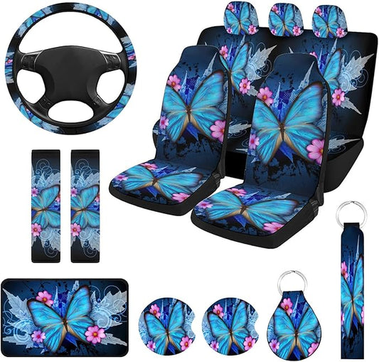 13 Pcs Butterfly Universal Car Seat Covers Full Set, Breathable & Washable Car Seat Covers Full Sets, Fashionable Butterfly Covers for Cars Interior, Universal Fit