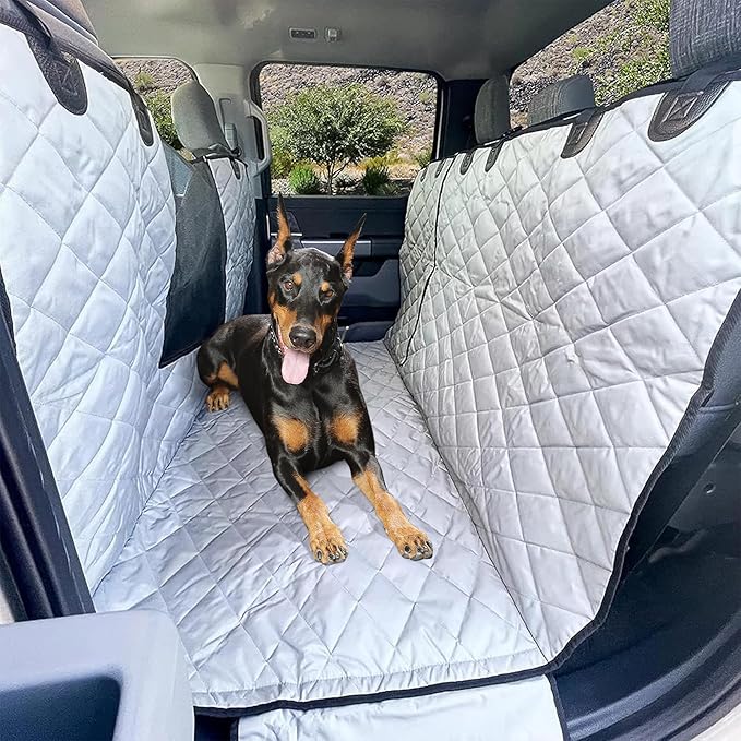 4Knines Dog Floor Hammock for Truck & Crew Cab with Fold Up Seats – Back Seat Pet Cover for Dogs – Compatible with Ford F-150, GMC, Chevrolet, Toyota Full Size Trucks (Passenger Side Split, Grey)